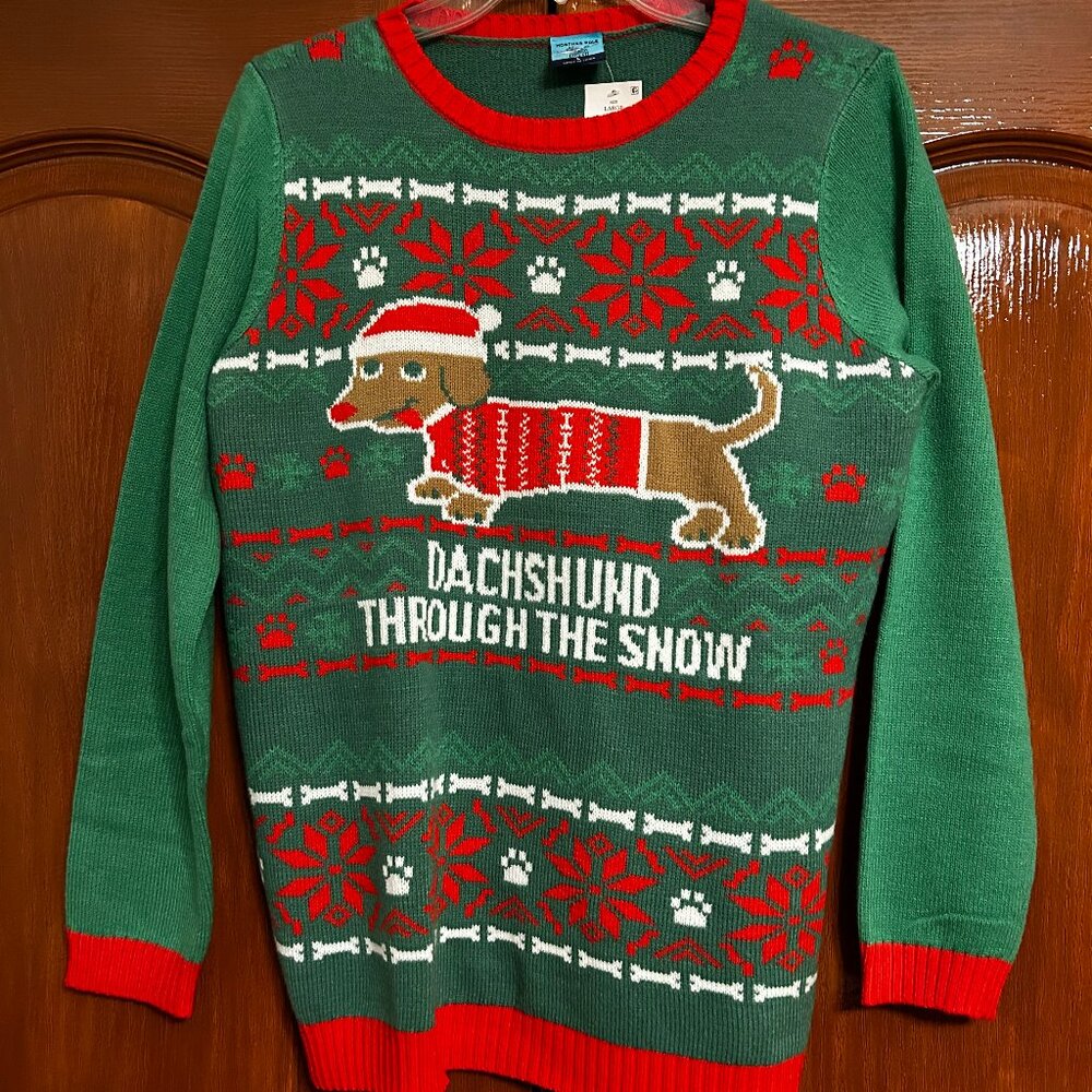 Women's Green, Red & White Holiday Dachshund Sweater